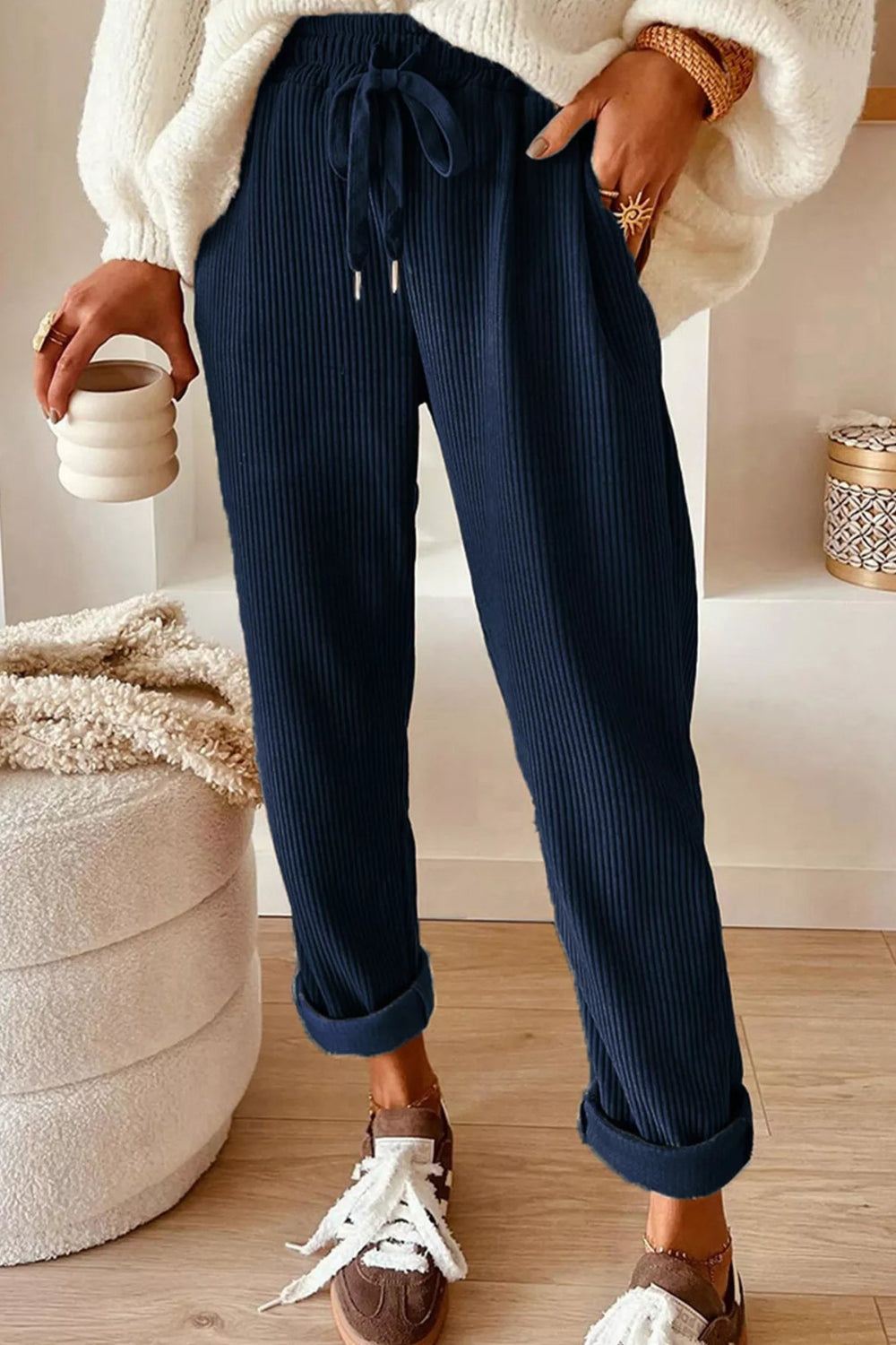 Pants, corduroy, drawstring, pocketed, elastic waist, high-rise, straight leg, no stretch, front view