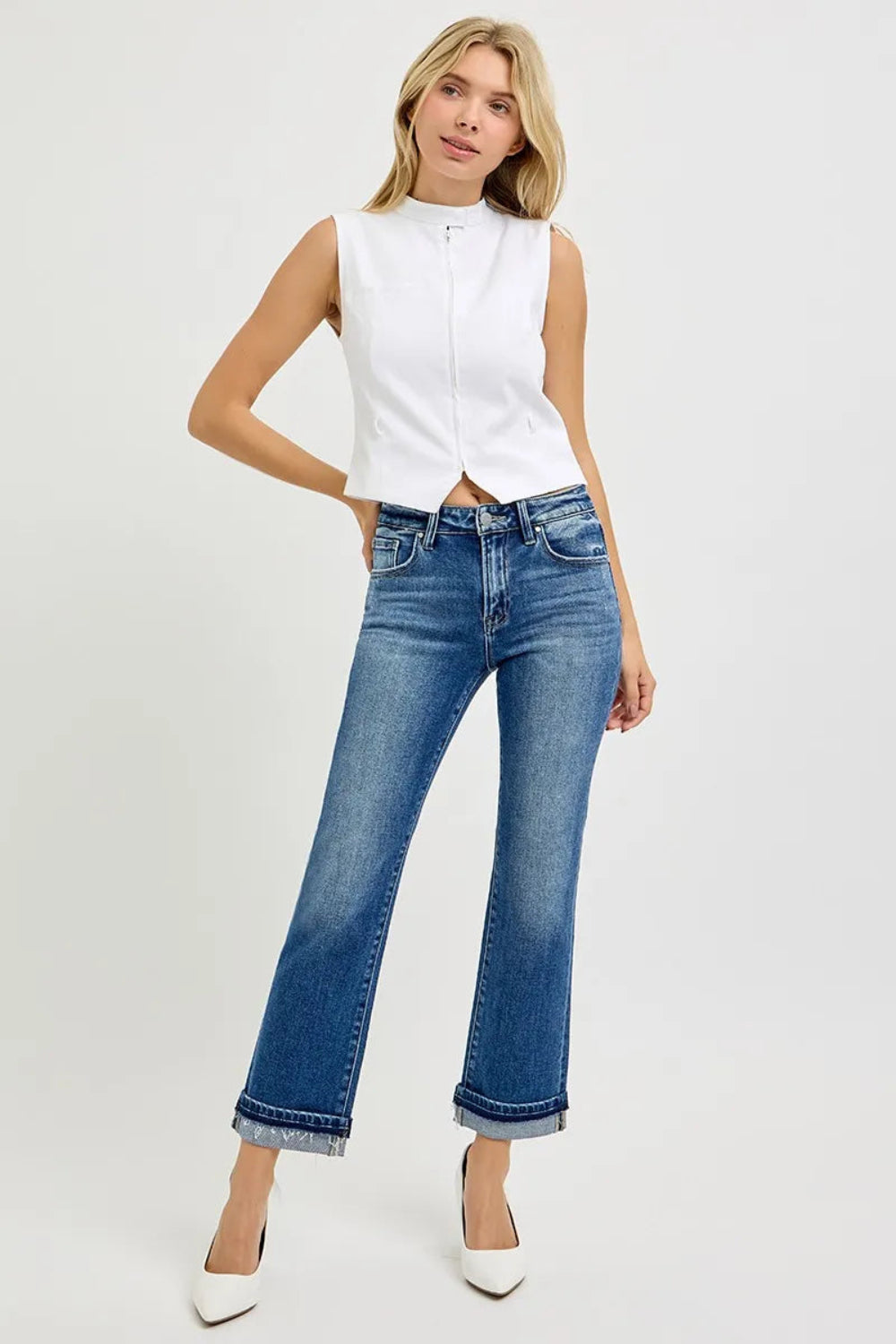 Risen Jeans, mid-rise, 5-pocket construction, button/zip closure, medium vintage wash, belt loop waistband, straight leg, cuffed, slightly stretchy, front view