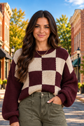 Contrast Effect Sweater in burgundy and cream checkerboard knit, front view with oversized balloon sleeves and ribbed crew neckline.