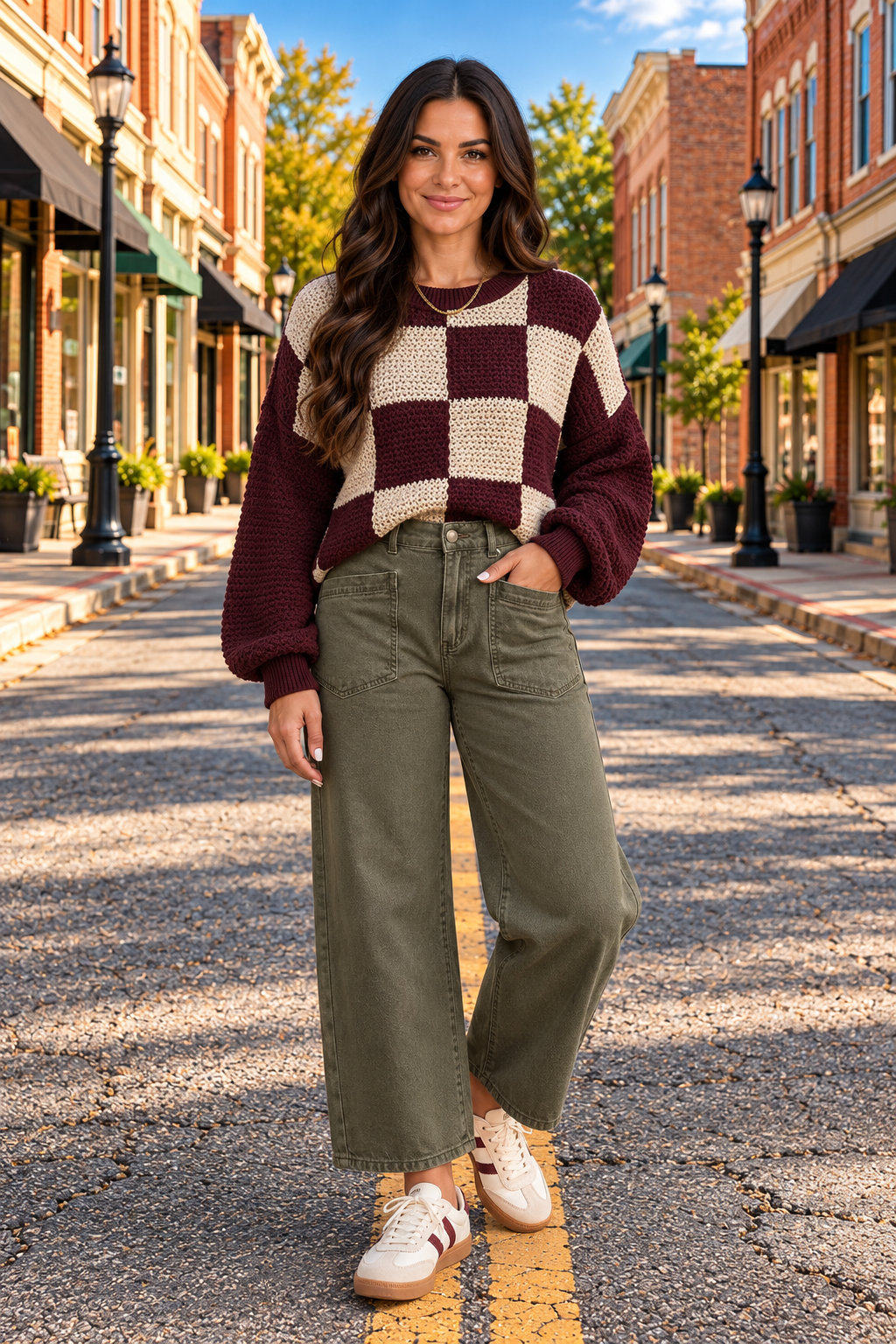 Olive green vintage-wash barrel jeans, front view with high-rise waist, oversized patch pockets, and ankle-length tapered legs.