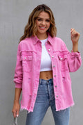 denim jacket, long sleeve, collared, buttoned, buttoned front patch pockets, distressed, fringed/raw hem, no stretch, multiple colors, front view