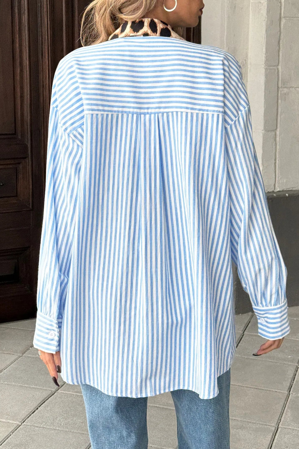Shirt, drop shoulder, collared, long sleeve, buttoned, cuffed, pleated, pocketed, leopard floral stripe print, no stretch, back view