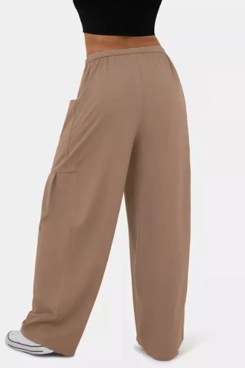 Pants, wide leg, drawstring waist, high-waist, pocketed, pleated at pockets, long, stretchy, back view