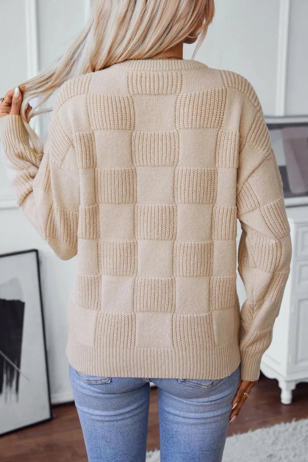 Sweater, pullover, long sleeve, drop shoulder, round neck, rib-knit, slightly stretchy, back view