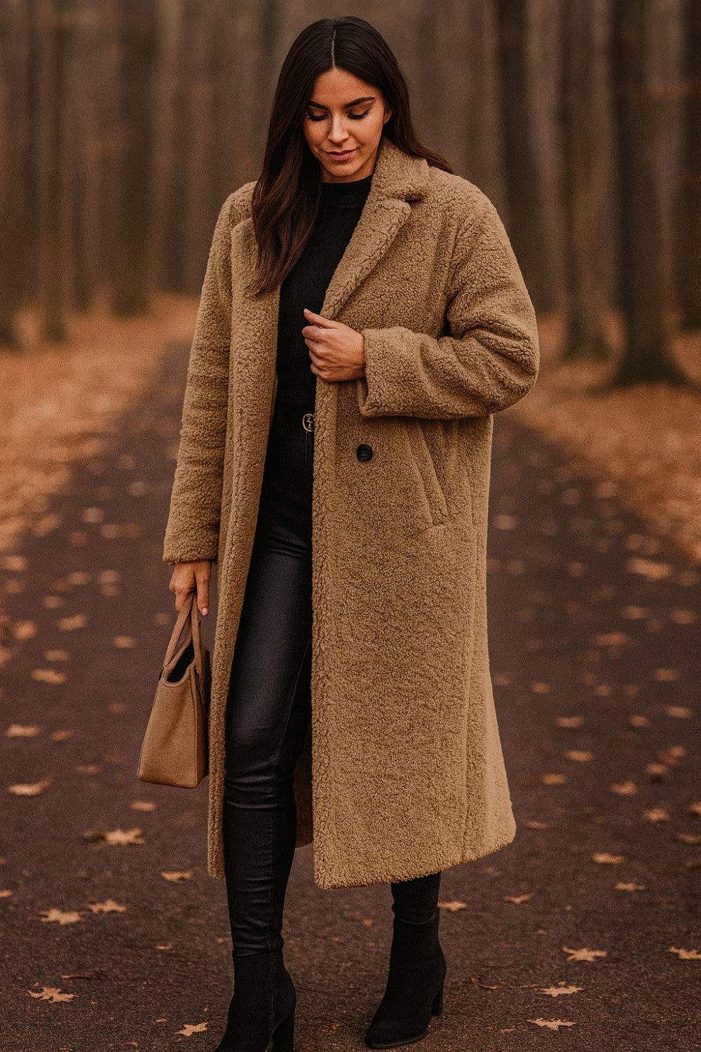 coat, longline, lined, hooded, buttoned, pocketed, thick, oversized, slightly stretchy, front view