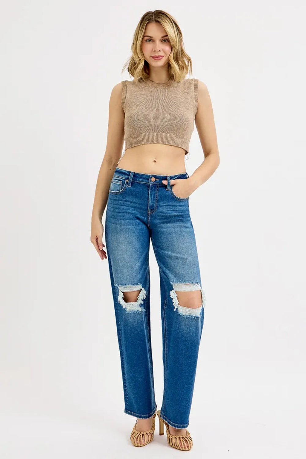 Risen Jeans, full-size, mid-waist, pocketed, distressed knee, raw hem, medium wash, boyfriend fit, straight leg, stretchy front view