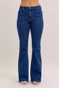 Judy Blue Jeans, high-rise, front patch pockets, flared, dark wash, belt loops, back pockets, button/zipper closure, slightly stretchy, front view