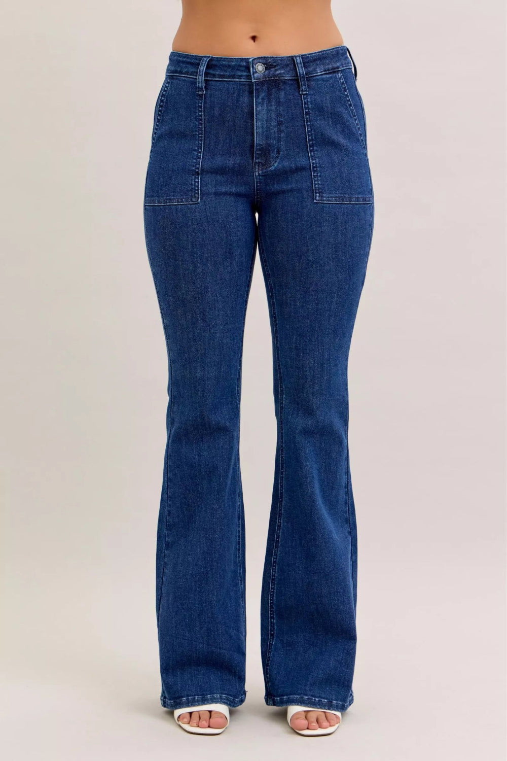 Judy Blue Jeans, high-rise, front patch pockets, flared, dark wash, belt loops, back pockets, button/zipper closure, slightly stretchy, front view