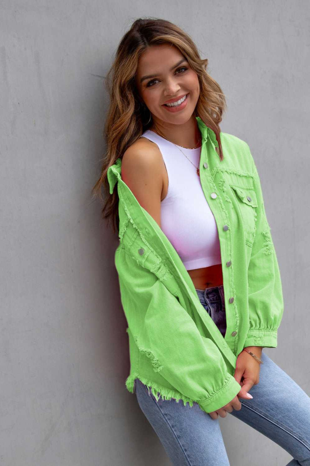 denim jacket, long sleeve, collared, buttoned, buttoned front patch pockets, distressed, fringed/raw hem, no stretch, multiple colors, front view