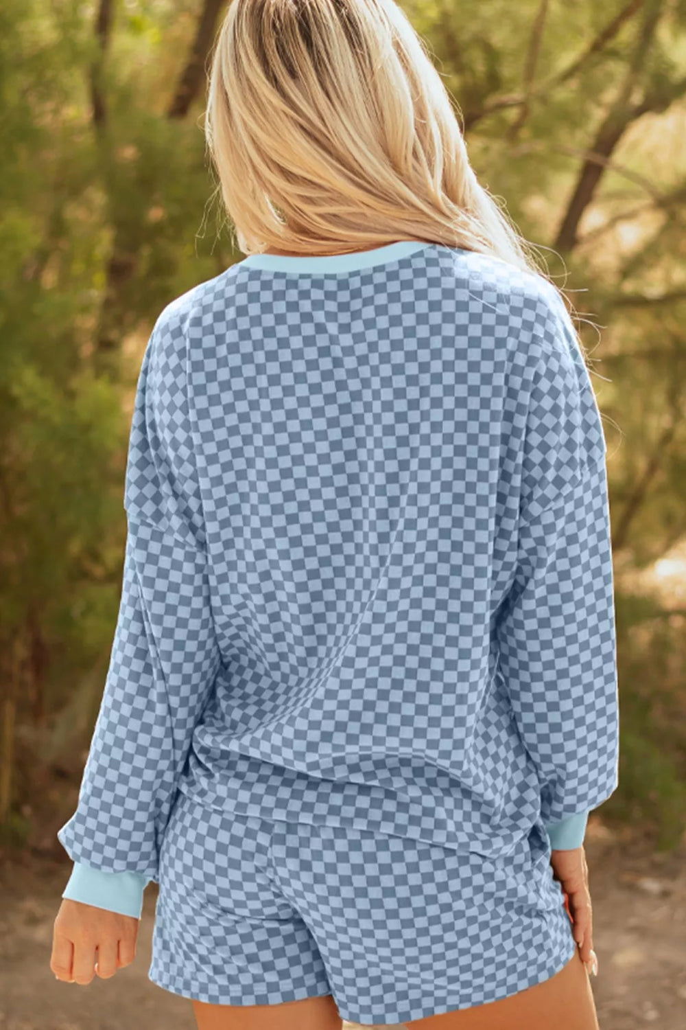 Lounge set, two-piece, drop shoulder, long sleeve, contrast ribbed trim, round neck, drawstring waist, pockets, stretchy, back view