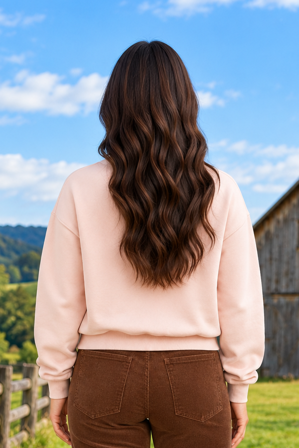 Back view of the Last Rodeo Sweatshirt in pale pink with a cowboy-and-horse graphic, mock neck, and ribbed cuffs and hem.