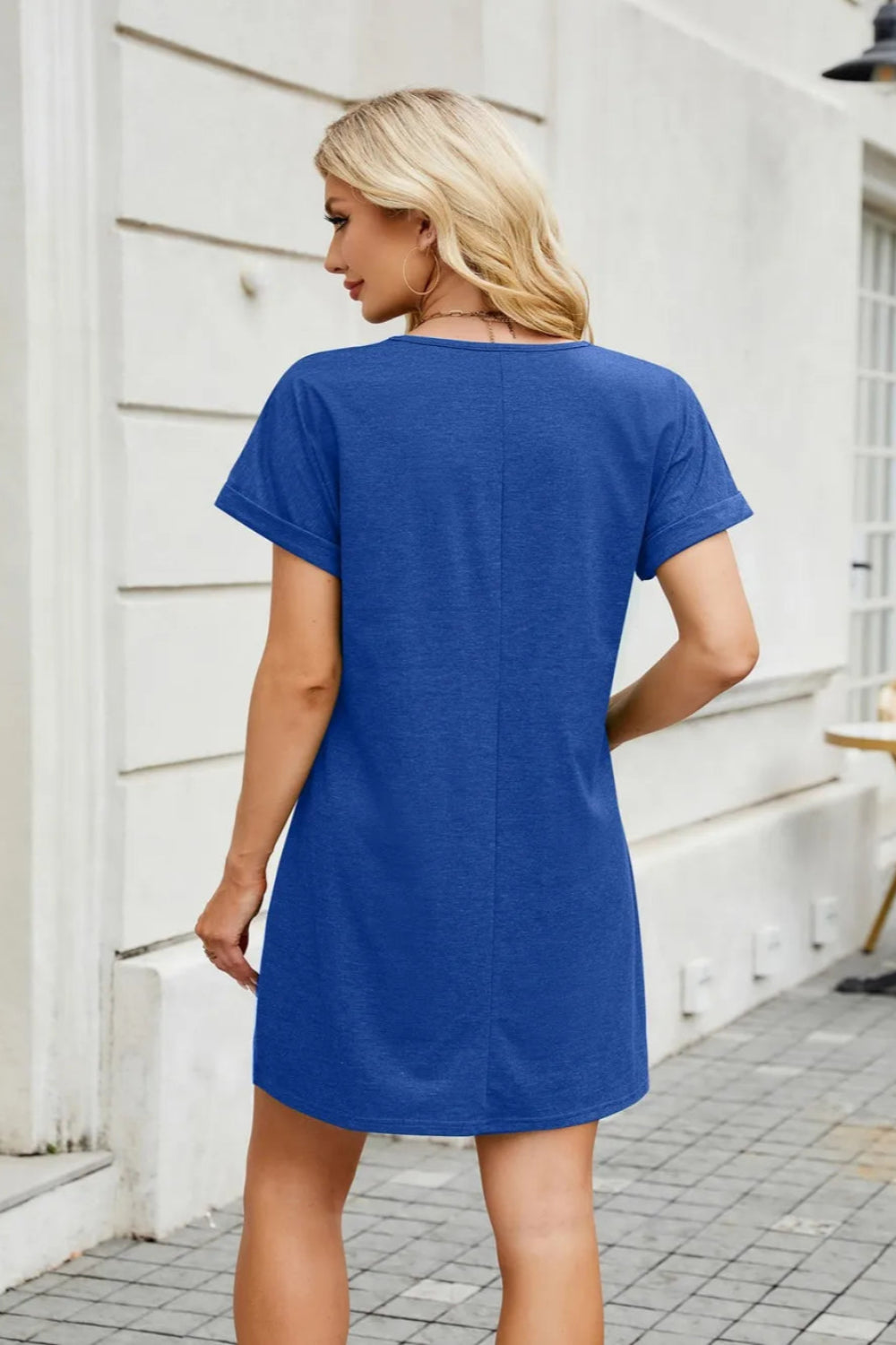 T-shirt dress, mini, v-neck, rolled sleeves, moderate stretch, short sleeve, opaque, unlined back view
