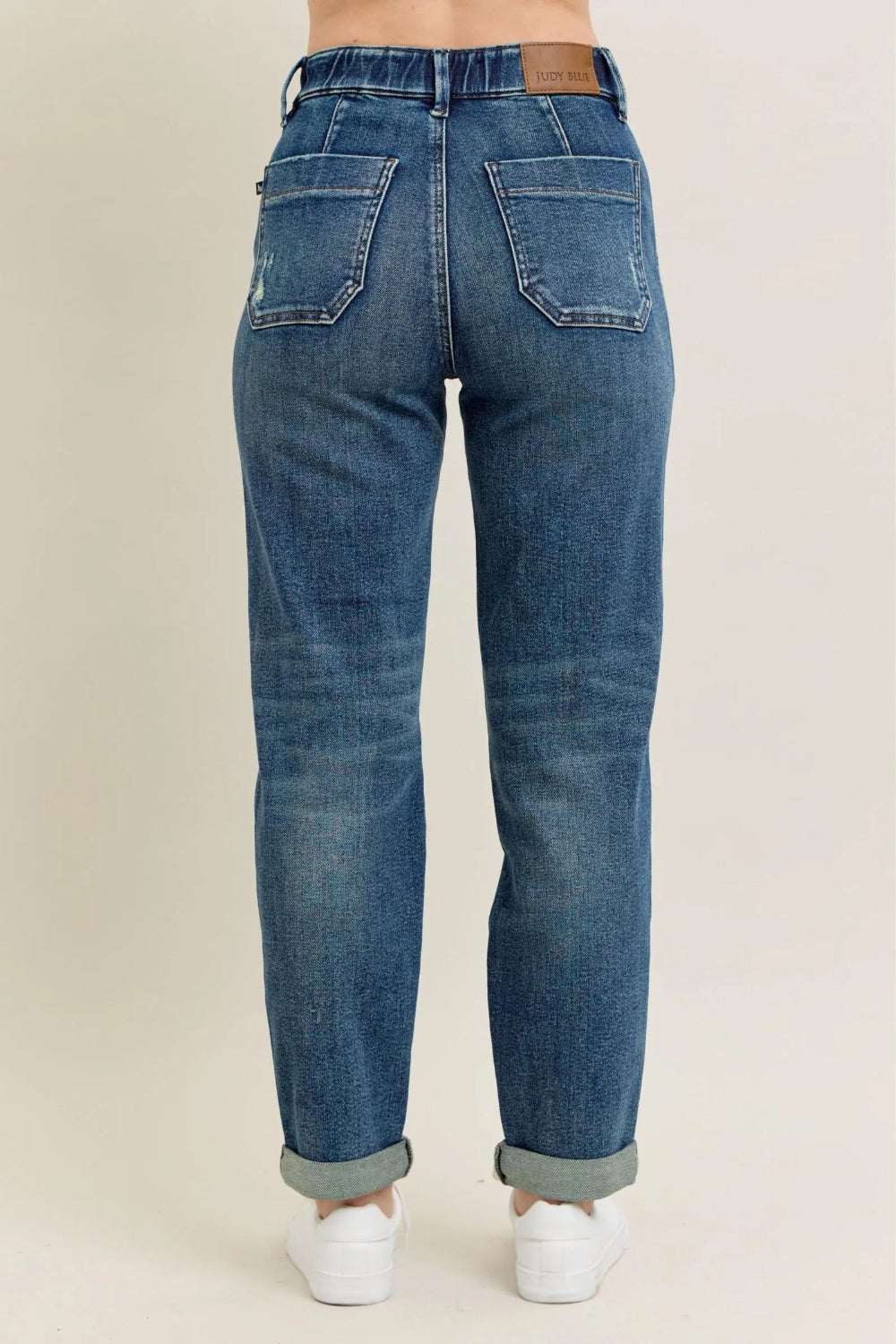 Judy Blue Jeans, full-size, high-rise, vintage wash, front patch pockets, back pockets, boyfriend fit,slightly stretchy back view
