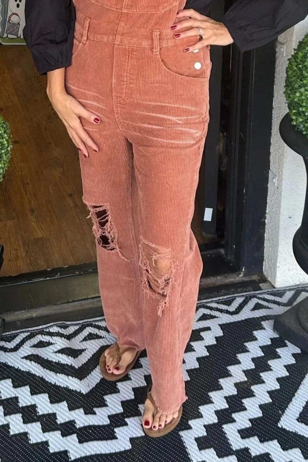 Overalls, corduroy, distressed, straight leg, pocketed, frayed hem, button clasp, no stretch, comes in several colors front view