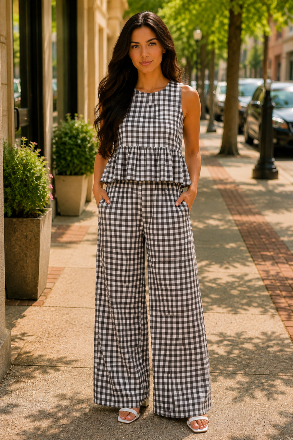 * Two-piece set
* Round neck
* Sleeveless
* Buttoned back closure
* Elastic waist
* Wide leg
* Ruffled
* No stretch