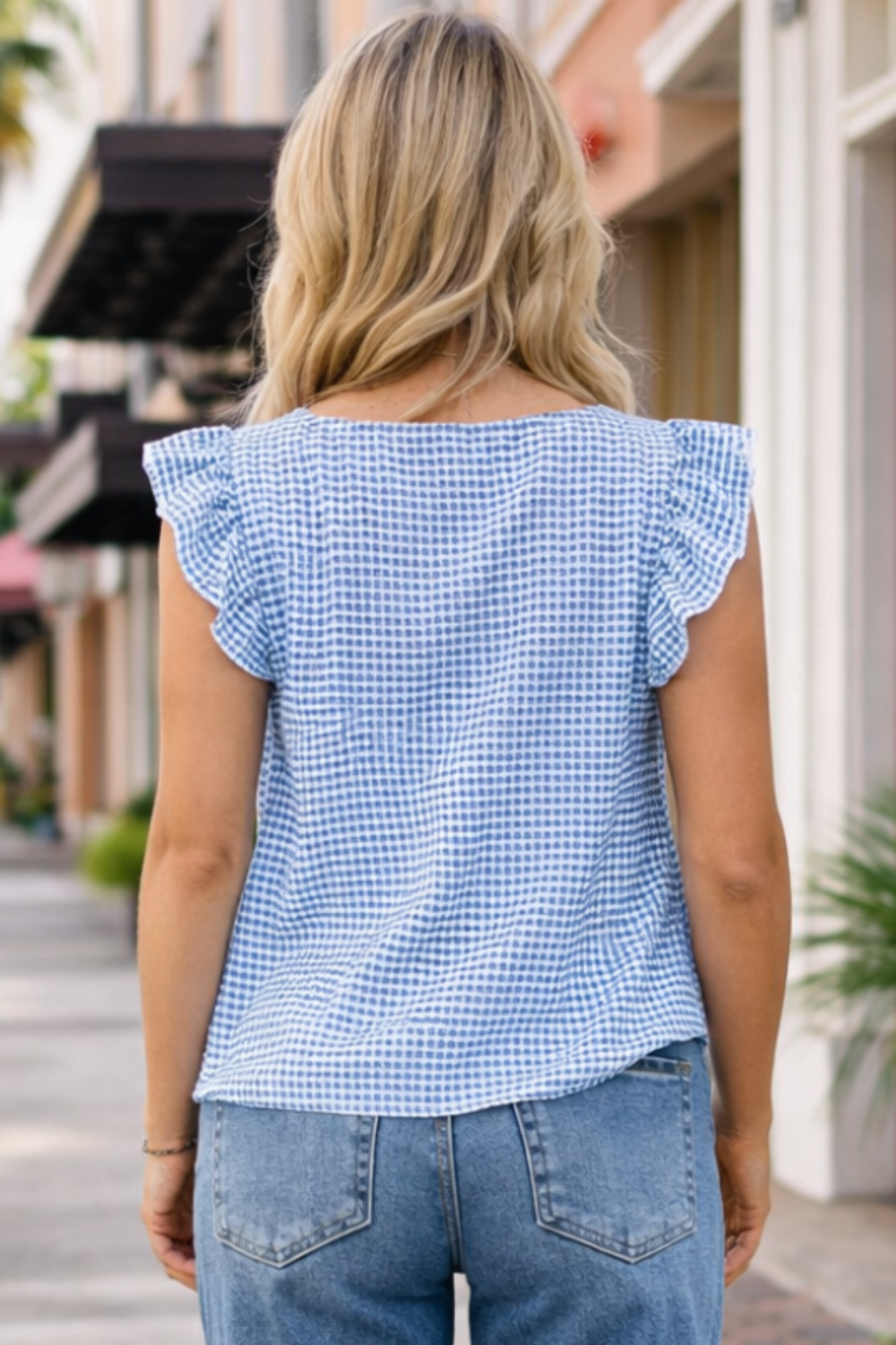 * Gingham top
* Square neck
* Ruffled sleeves
* No stretch
