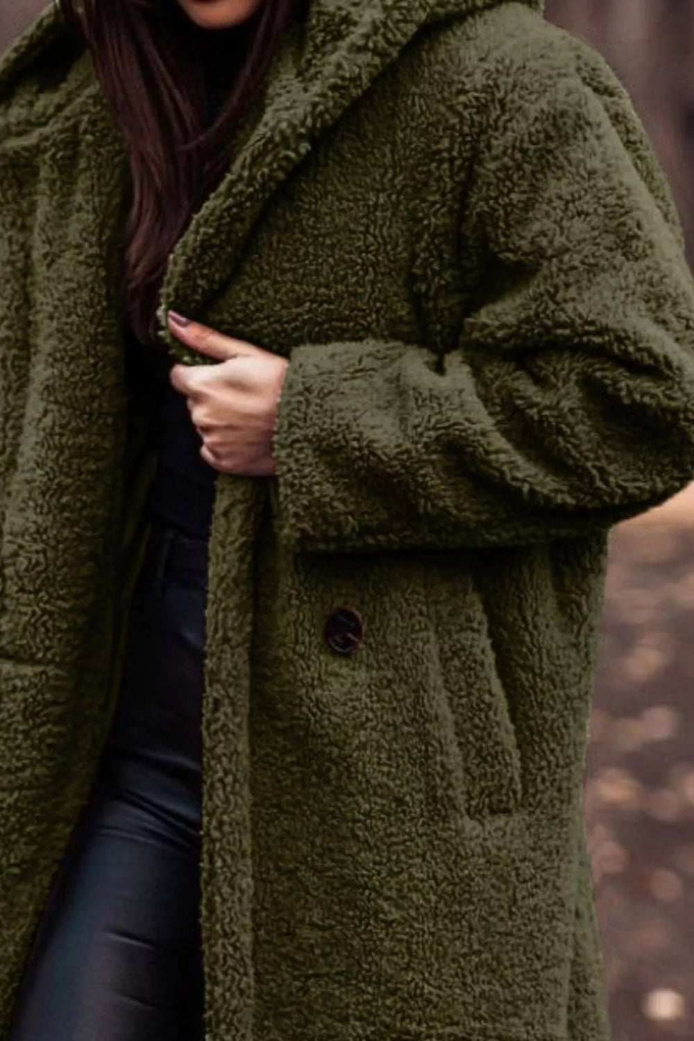 coat, longline, lined, hooded, buttoned, pocketed, thick, oversized, slightly stretchy, close up view