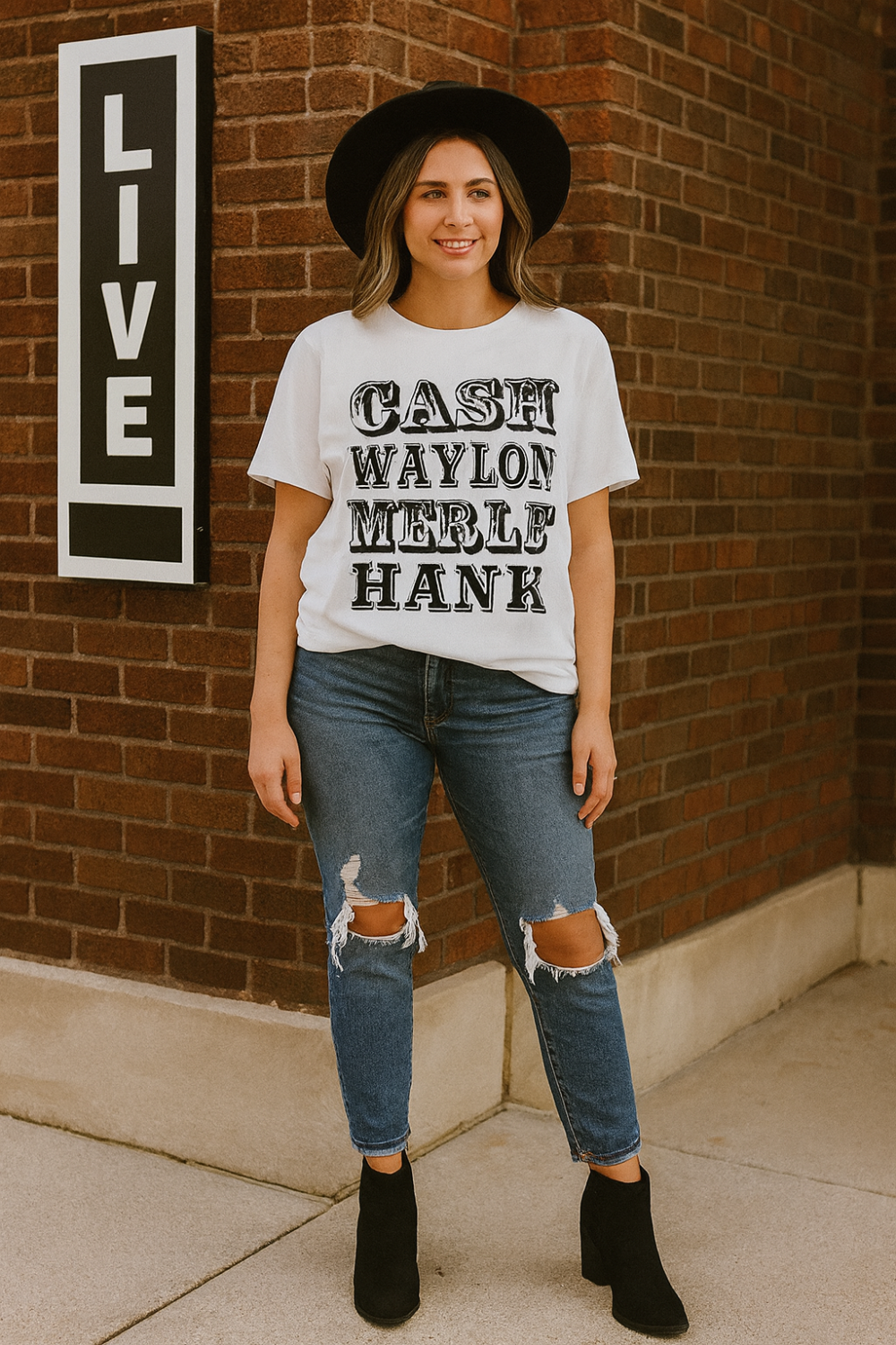 Graphic t-shirt, country music print, short sleeve, round neck, pullover, long, slightly stretchy, front view