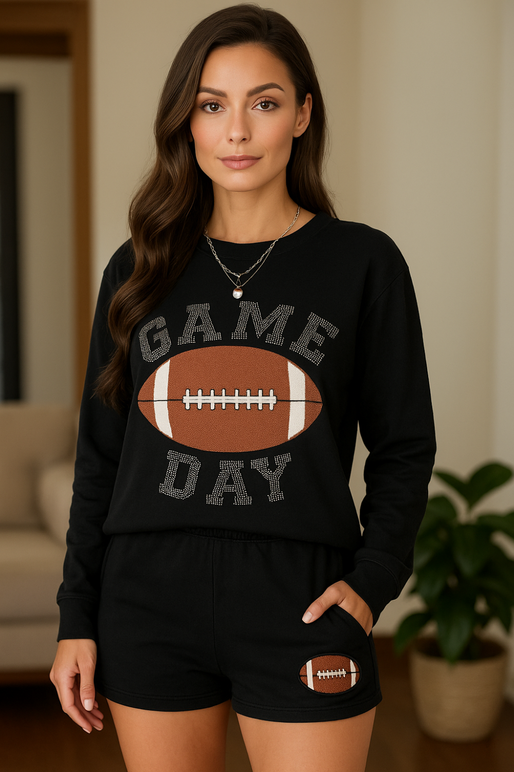 Two-piece short set, long sleeve, pullover, round neck, rhinestone lettering, football patches on top and shorts, side contrast trim, high waist, no drawstring, pocketed, no stretch front view