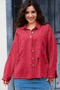 Denim Jacket, distressed, raw hem, long sleeve, collared, front pockets, button up, no stretch, front view