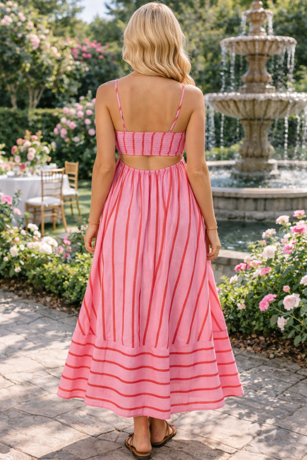 * Midi dress
* Square neck
* Adjustable spaghetti straps
* Unlined
* Peek-a-boo back
* Smocked back
* No stretch