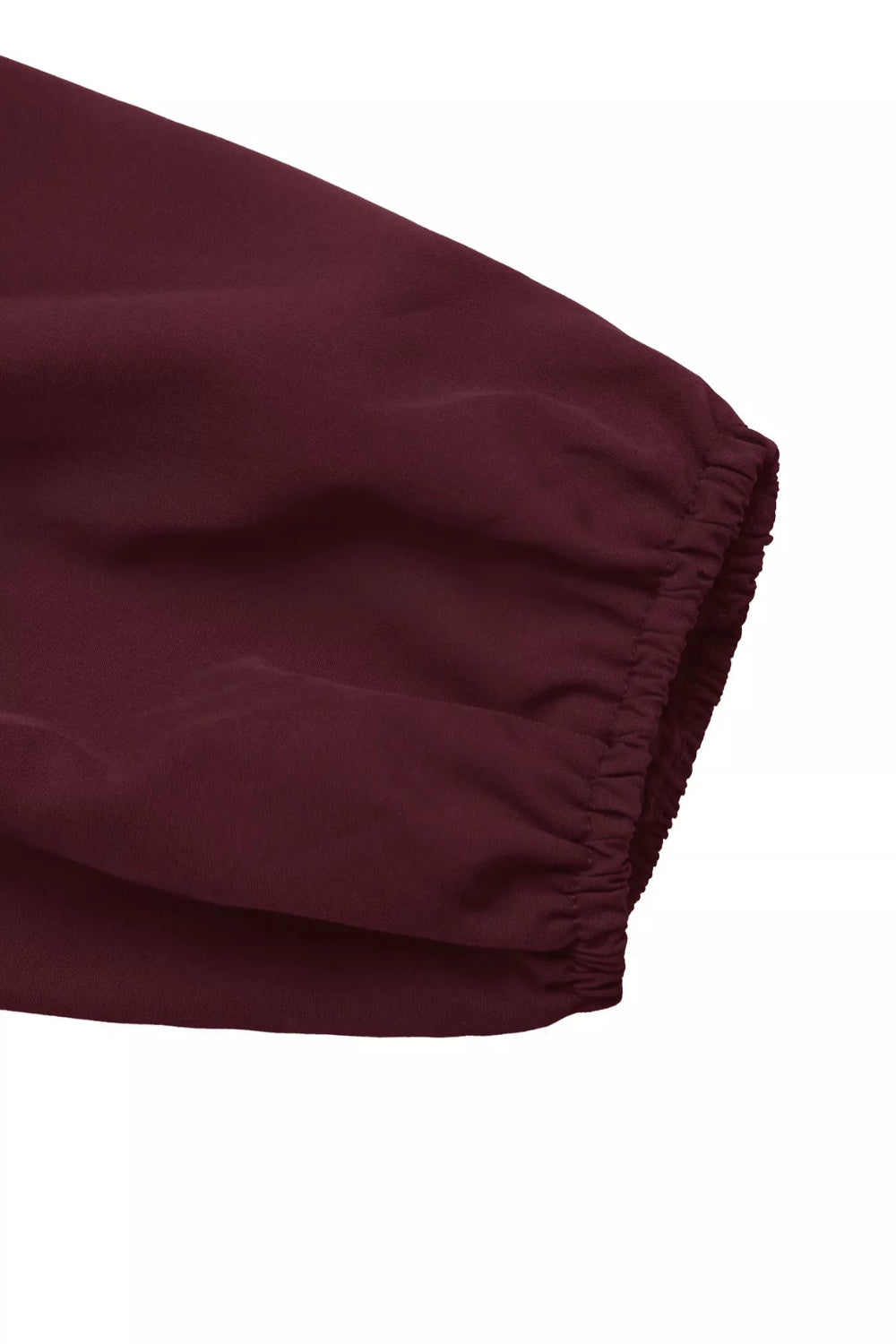 * Top
* Burgundy color
* Mock neck
* Long balloon sleeve
* Elastic cuff and hem
* Tied keyhole closer
* Pleated
* Slightly stretchy