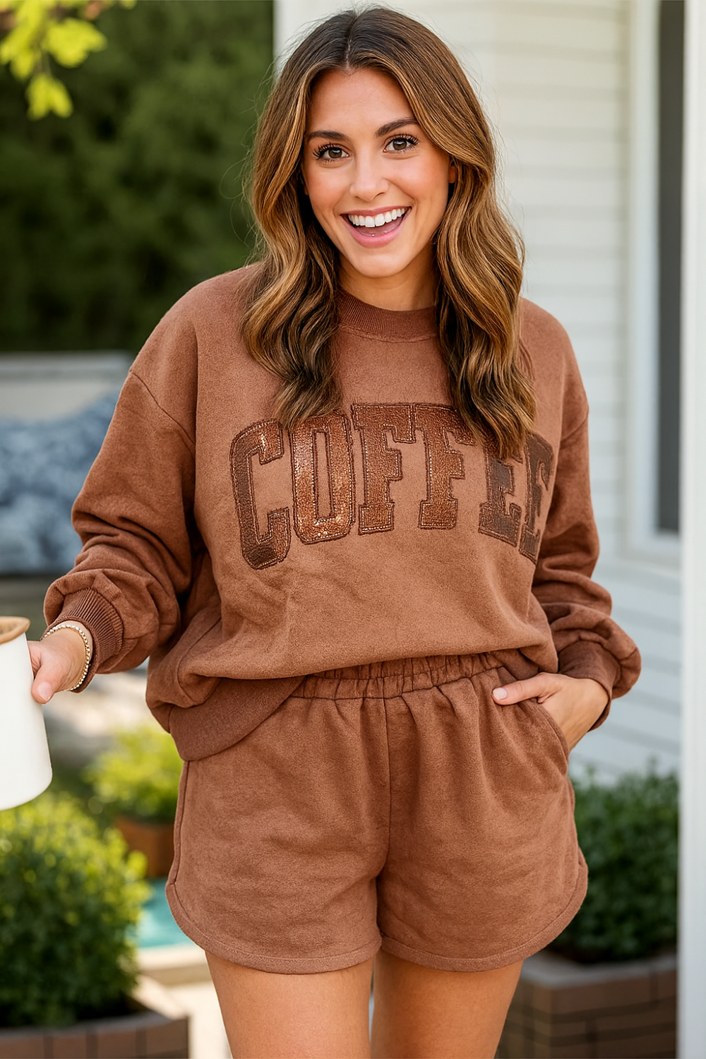 Two-Piece short set, round neck, long sleeve, sequined coffee design, drop shoulder, no drawstring, slight stretch front view