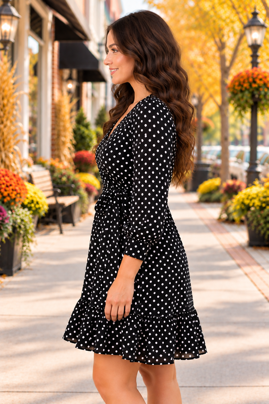 The Ever Changing Mini Dress in black with white polka dots, a wrap V-neck, tie waist, long sleeves, and ruffled hem side view.