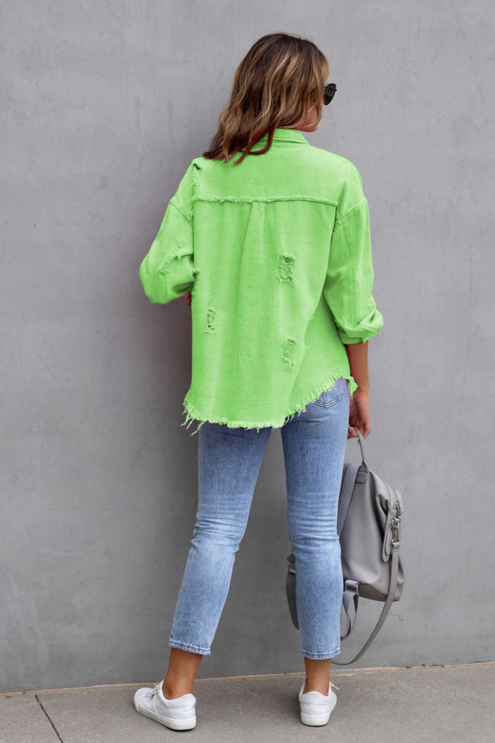 denim jacket, long sleeve, collared, buttoned, buttoned front patch pockets, distressed, fringed/raw hem, no stretch, multiple colors, back view