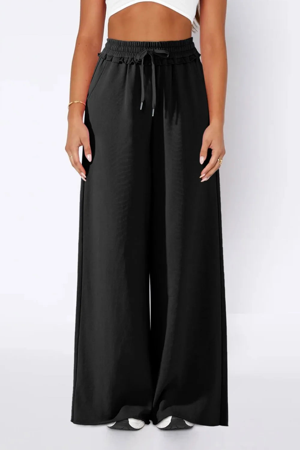 Pants, high waist, drawstring, elastic waist, opaque, frill, wide leg, pocketed, no stretch front view