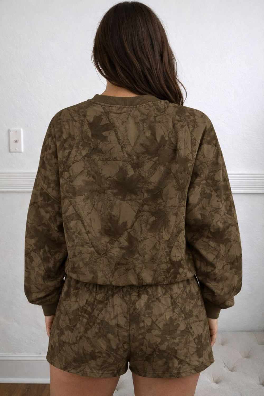 Two-piece lounge set, pullover, round neck, drop shoulder, long sleeve, ribbed, oversized, drawstring shorts, elastic waist, pocketed, no stretch, back view