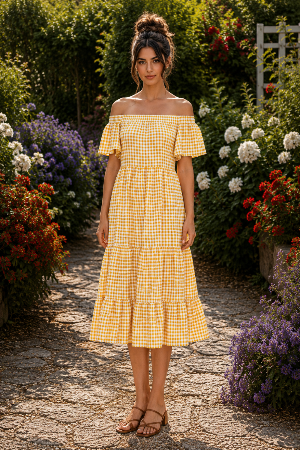 * Midi dress
* Off shoulder
* Flutter sleeves
*Ruffle neckline
* Tiered
* Ruffled
* Unlined
* No stretch