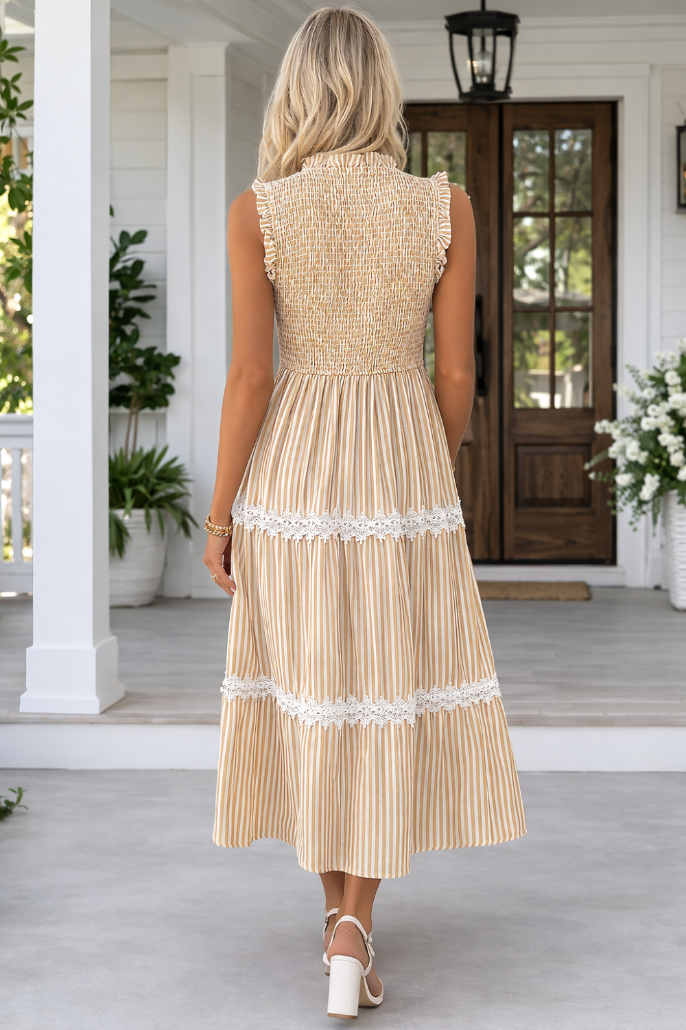 * Midi Dress
* Smocked
* Sleeveless
* Lace
* Tiered
* Round neck
* Unlined
* Stretchy