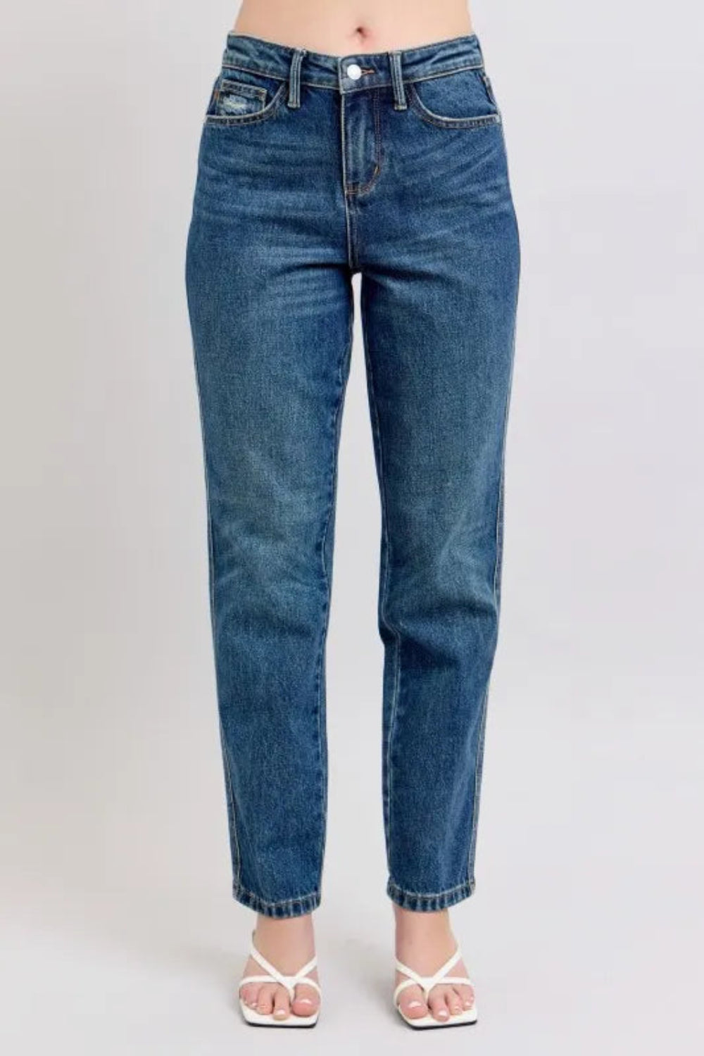 Judy Blue Jeans, full-size, high-rise, medium wash, cropped ankle, straight leg, pocketed, button and zipper closure, slightly stretchy, front view