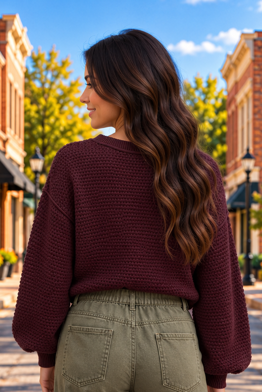 Contrast Effect Sweater in burgundy, back view showing textured knit, dropped shoulders, balloon sleeves, and wide ribbed hem.