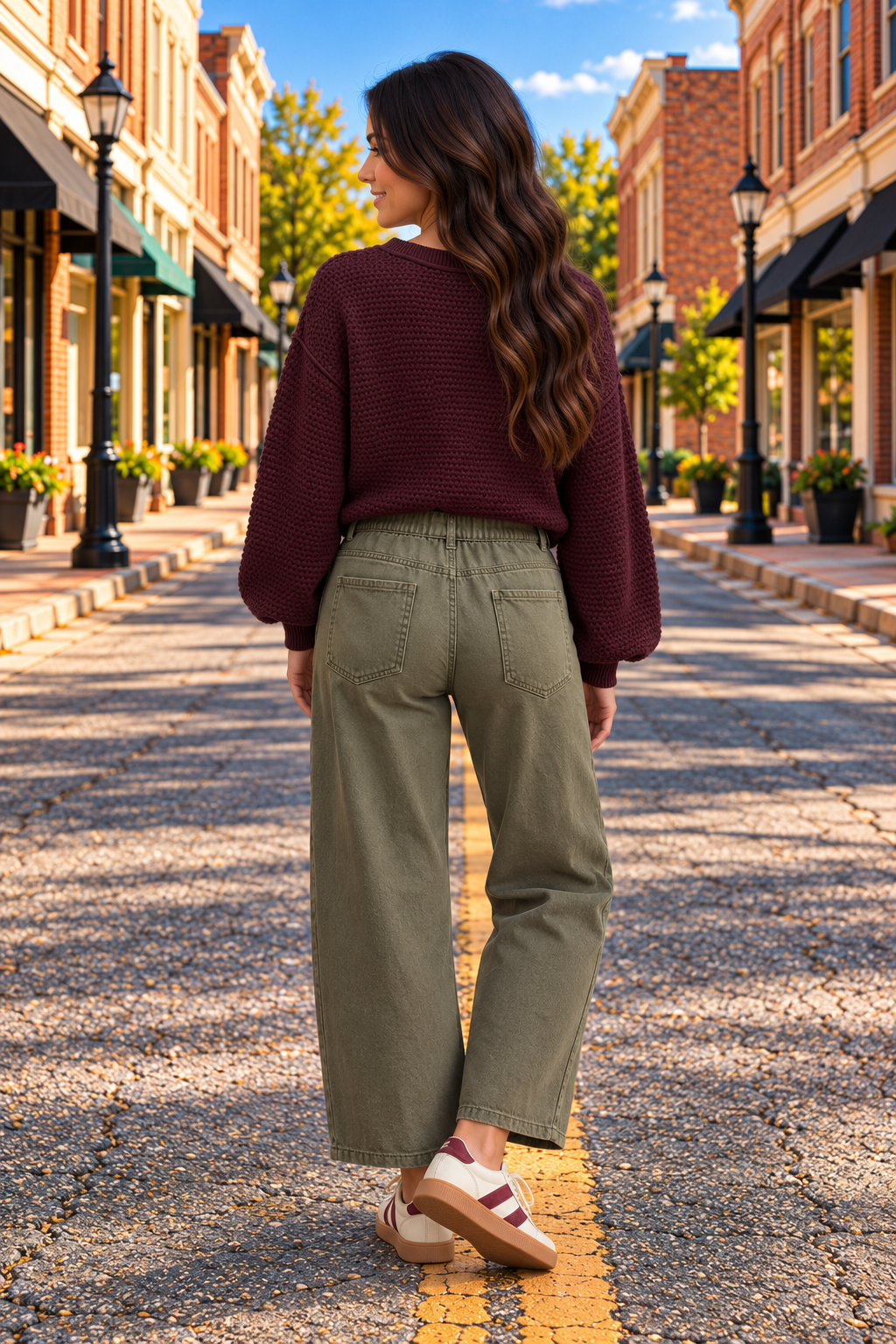 Olive green vintage-wash barrel jeans, back view showing elastic waistband, belt loops, patch pockets, and ankle-length hems.