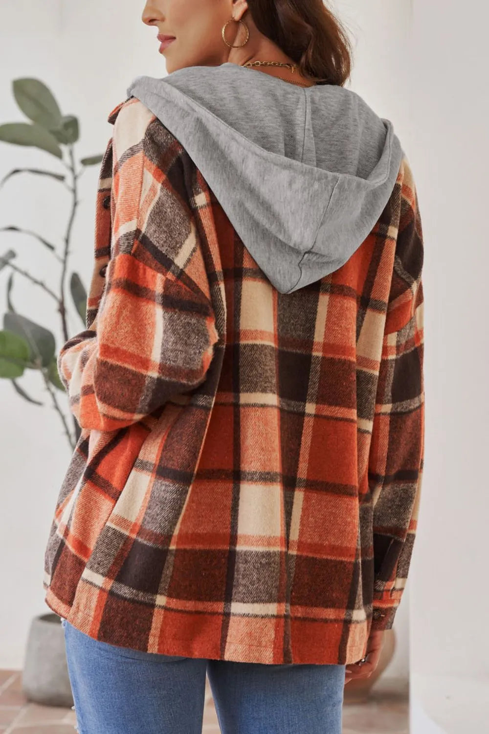 Plaid shacket, hooded, drop shoulder, long sleeve, buttoned, pocketed, unlined, light weight, no stretch, back view