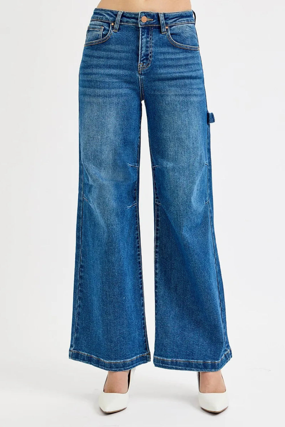 Risen Jeans, full-size, high-rise, darted, wide leg, one side hammer loop, pocketed, belt loops, button/zipper closure, washed, raw hem, slightly stretchy, front view
