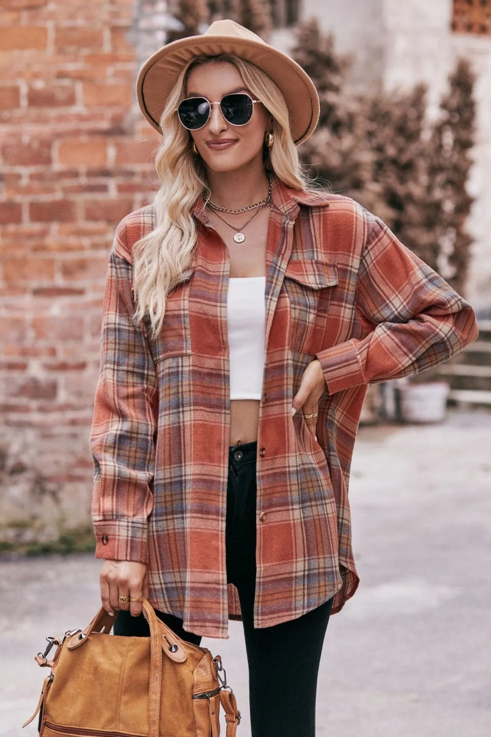 Long sleeve shirt, plaid, collared, pocketed, buttoned, oversized, drop shoulder, no stretch, many colors, front view