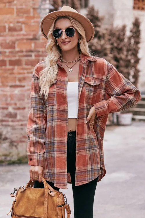 Long sleeve shirt, plaid, collared, pocketed, buttoned, oversized, drop shoulder, no stretch, many colors, front view
