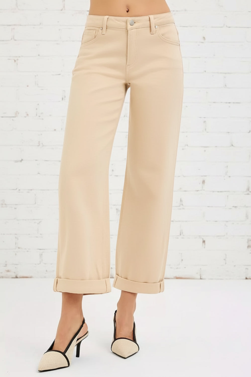 Risen, high-rise, tummy control, relaxed fit, wide leg, cuffed, pocketed, belt loops, button/zipper closure, stretchy, front view