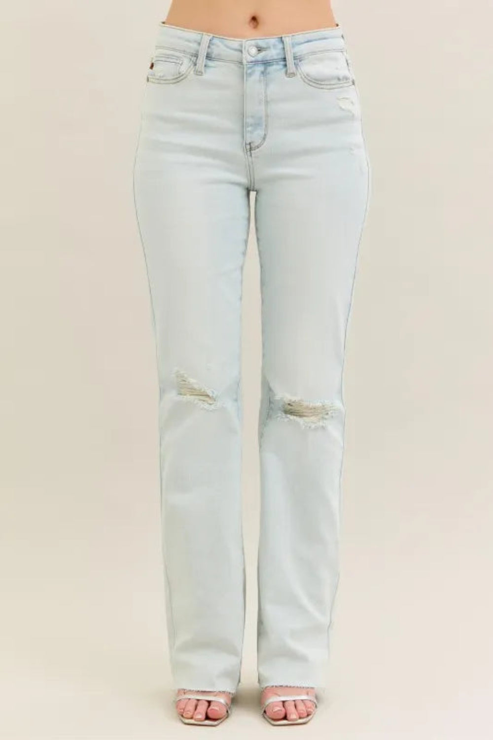 Judy Blue Jeans, Full Size, High-Rise, Destroyed, Raw Hem, Light wash, Button/Zipper Closure, Moderate Stretch, Bootcut Front View
