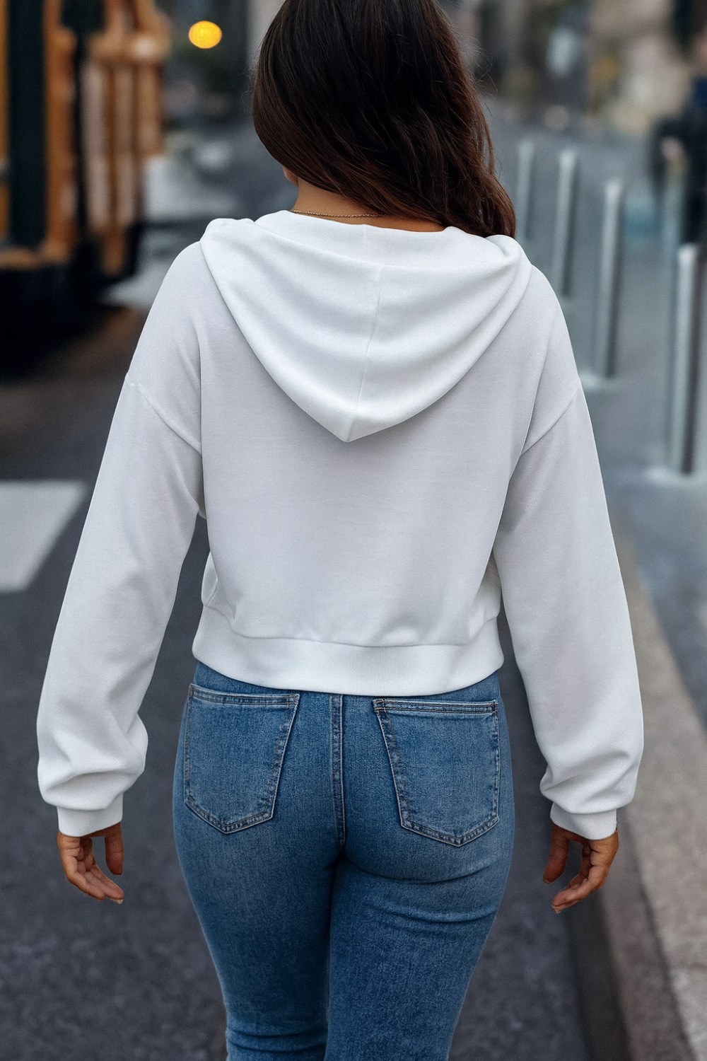 Hoodie, white, graphic design, long sleeve, drop shoulder, cropped, drawstring, no stretch, back view