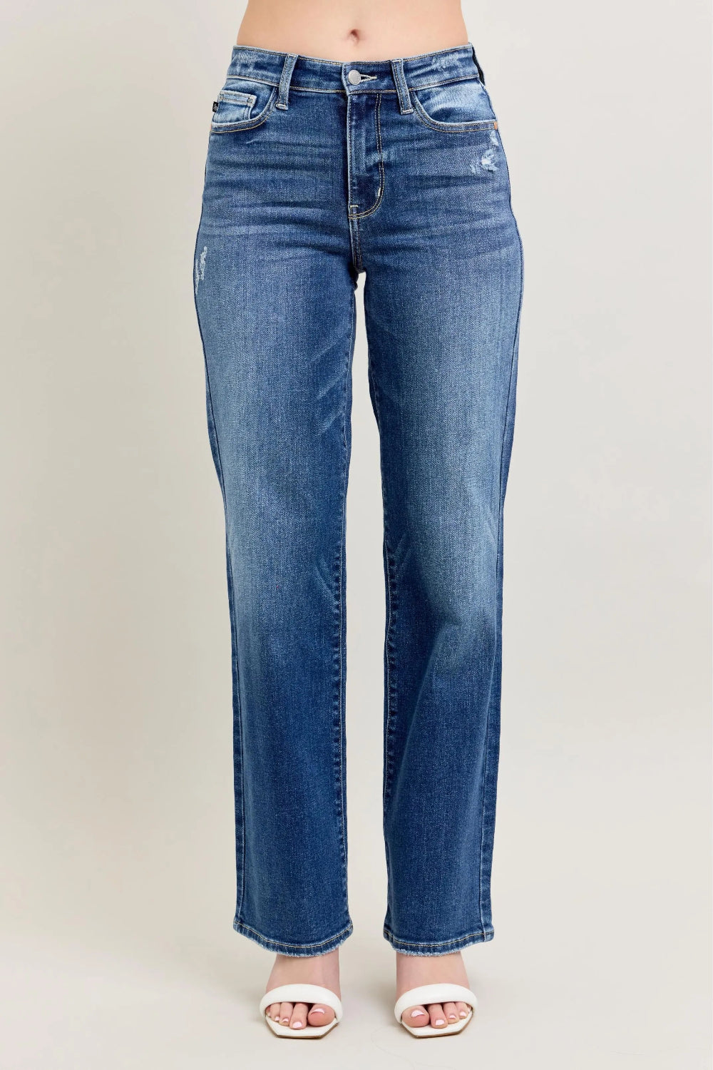 Judy Blue Jeans, full-size, high-rise, pocketed, button and zipper closure, 90's straight leg, distressed, stretchy, front view