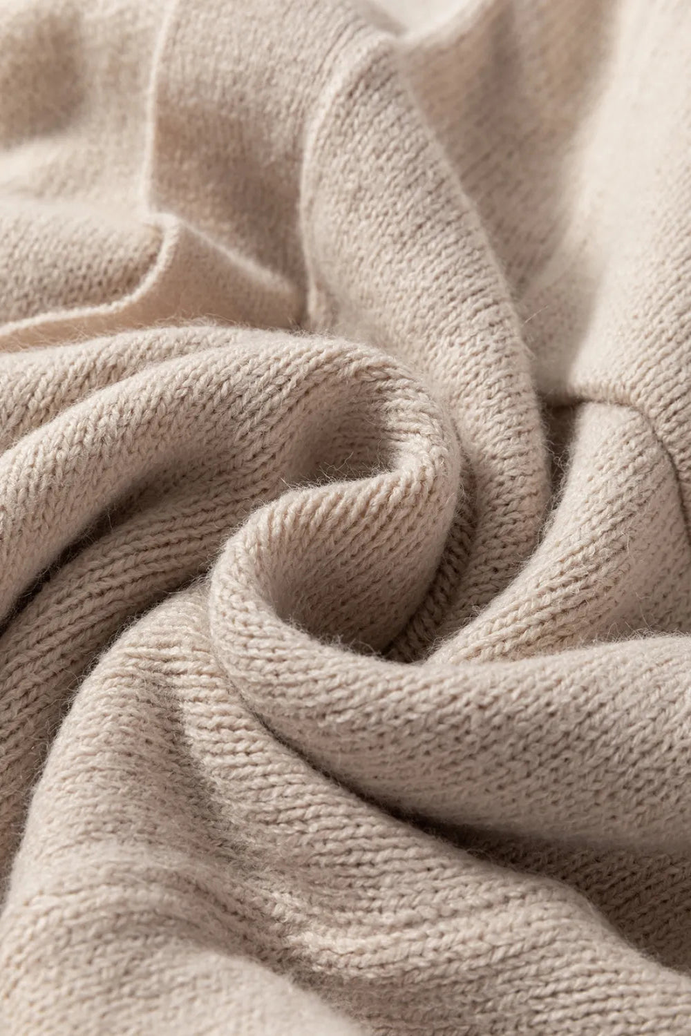 Cardigan, open front, long, pocketed, no buttons, drop shoulder, long sleeve, stretchy close up view