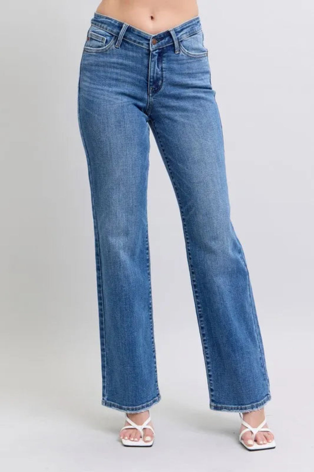 Judy Blue Jeans, full-size, high-rise, 5-pocket design, v-front detail, button-zip closure, straight leg, slightly stretchy, front view