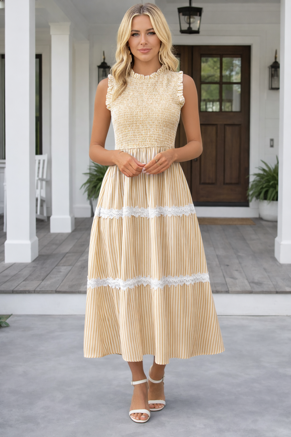 * Midi Dress
* Smocked
* Sleeveless
* Lace
* Tiered
* Round neck
* Unlined
* Stretchy