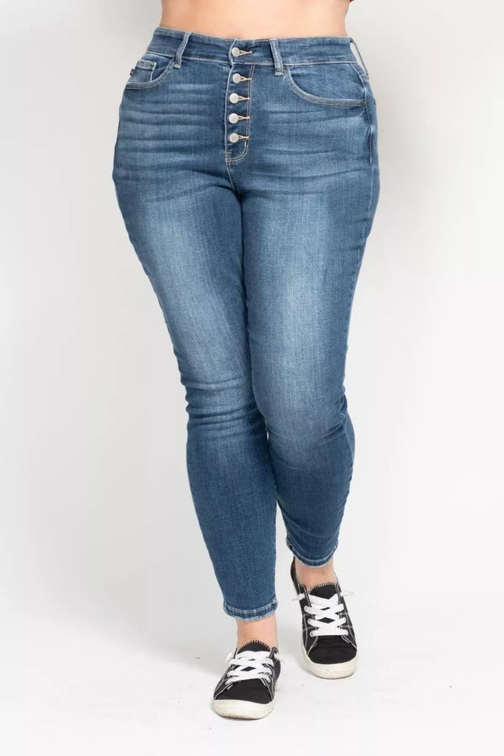 Judy Blue Jeans, full-size, high-rise, button fly, pocketed, belt loops, skinny leg, medium wash, slightly stretchy, front view
