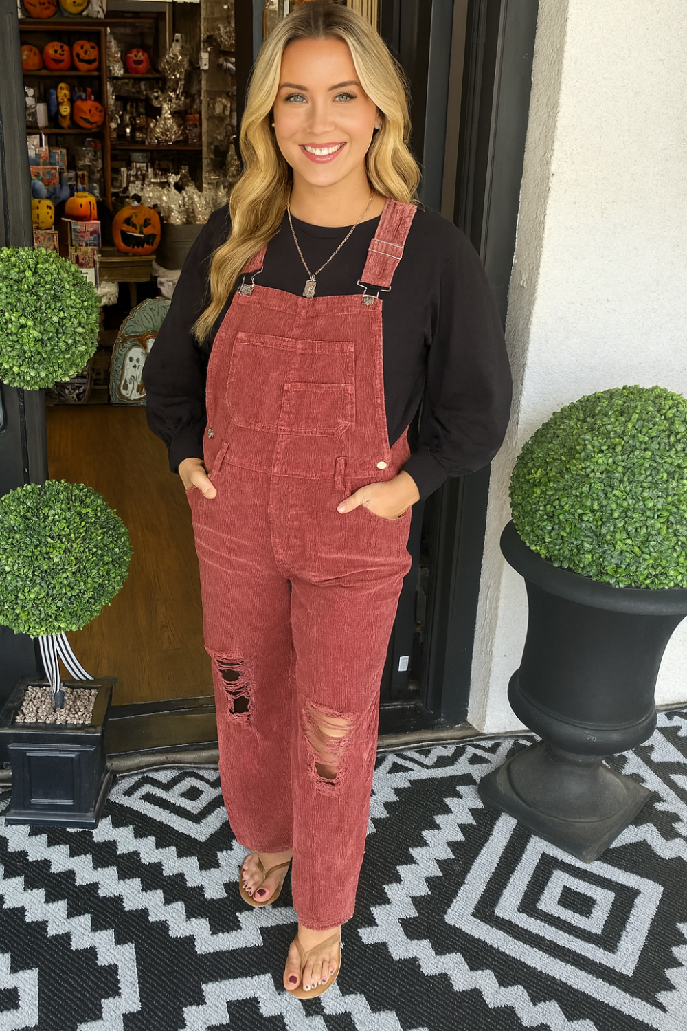 Overalls, corduroy, distressed, straight leg, pocketed, frayed hem, button clasp, no stretch, comes in several colors front view