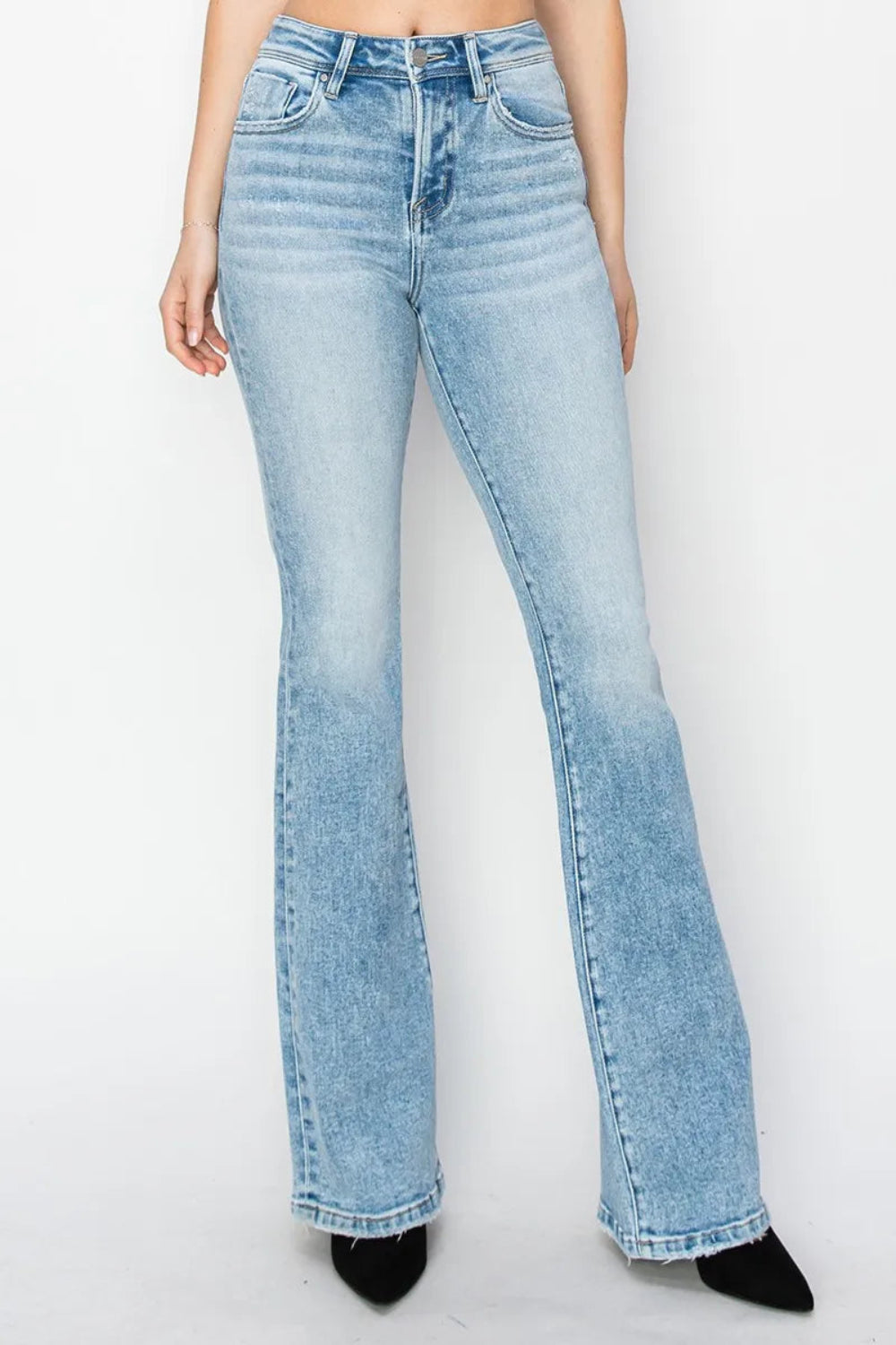 Risen Jeans, high-rise, 5-pocket construction, button/zip closure, light blue vintage wash, belt loop waistband, flared leg, slightly stretchy, front view